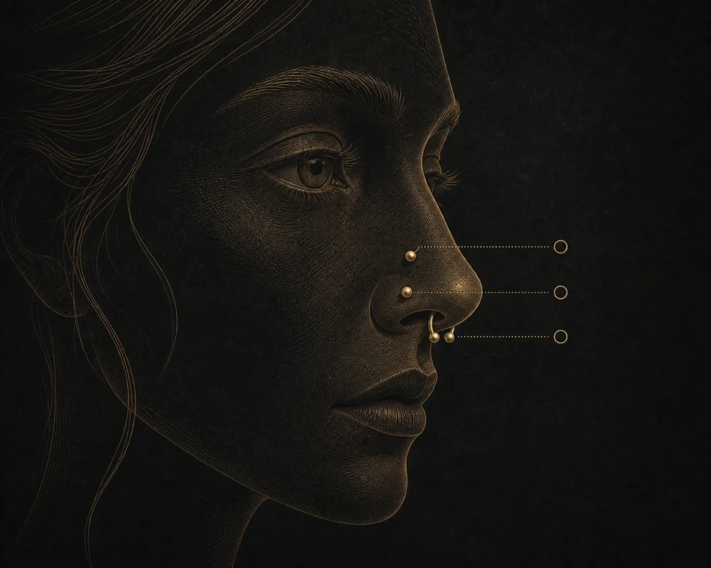 Nostril, high nostril ve septum yerleşimlerini gösteren altın-bej teknik yüz ...