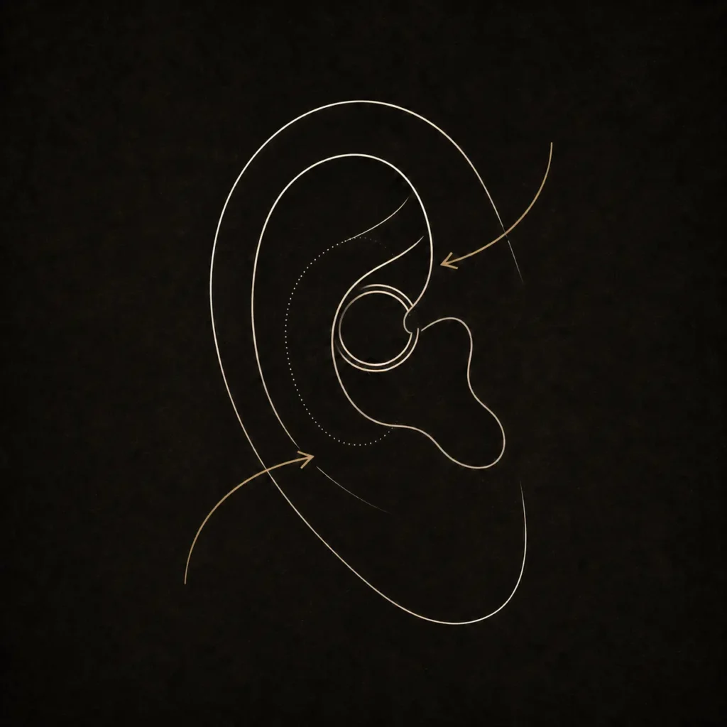 Daith piercing bölgesinde halka yerleşimini gösteren teknik kulak illüstrasyonu