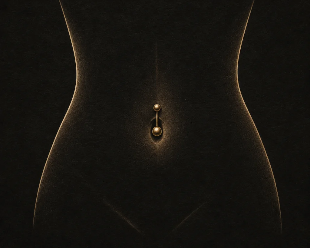 Navel piercing yerleşimini ve ilk takı konumunu gösteren teknik göbek illüstrasyonu