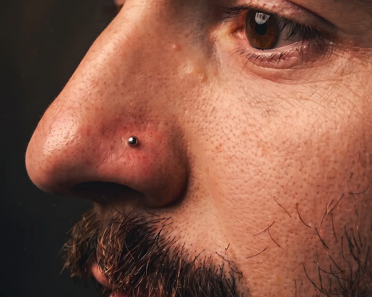 High nostril piercing burun kanadının üst bölümünde yerleşim örneği