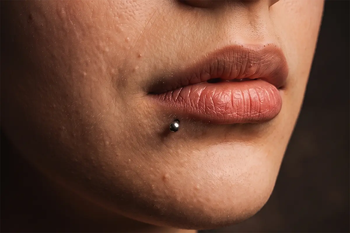 Side labret piercing alt dudak yan hattında takı yerleşim örneği
