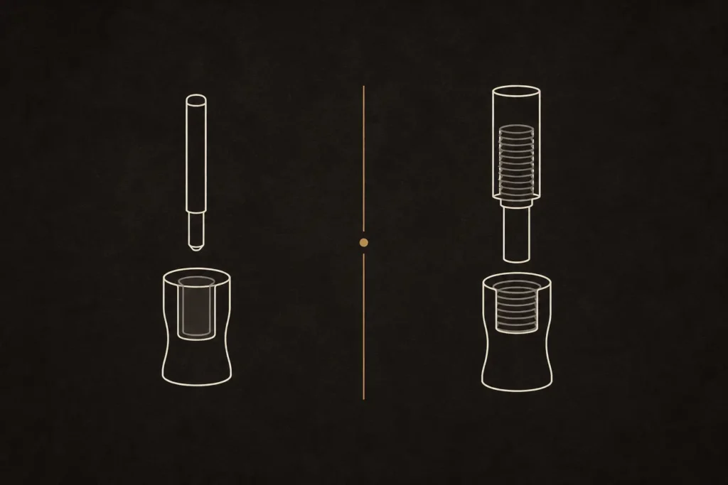 Threadless ve internally threaded takı bağlantı sistemlerini karşılaştıran teknik diyagram