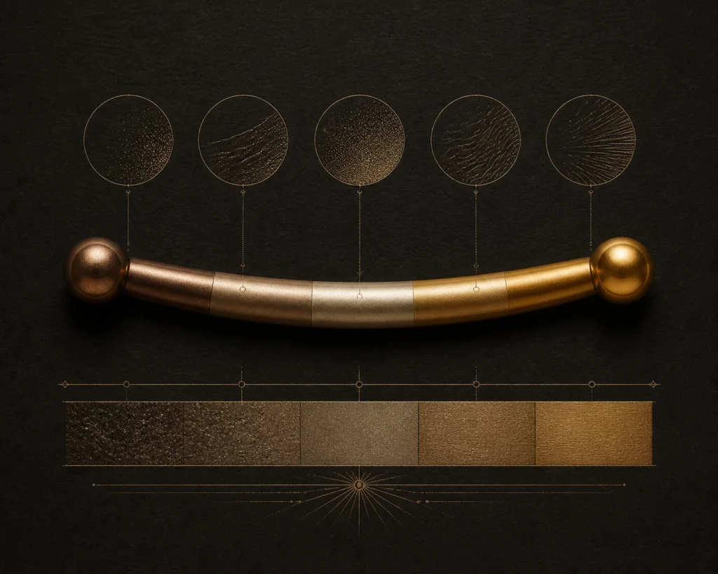 Anodize titanyum piercing takısında renk katmanını gösteren altın-bej teknik illüstrasyon