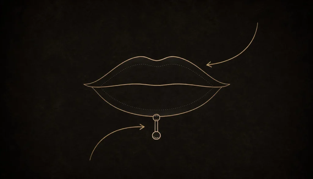 Vertical labret piercing yerleşimini ve kavisli barbell formunu gösteren teknik dudak illüstrasyonu